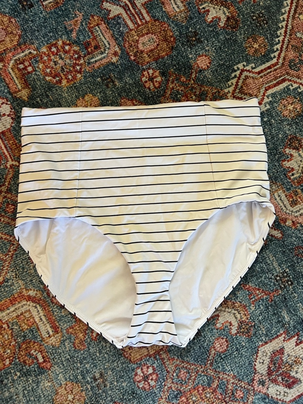 High-Waist Tummy Control Bikini Bottoms - White with Black Stripes